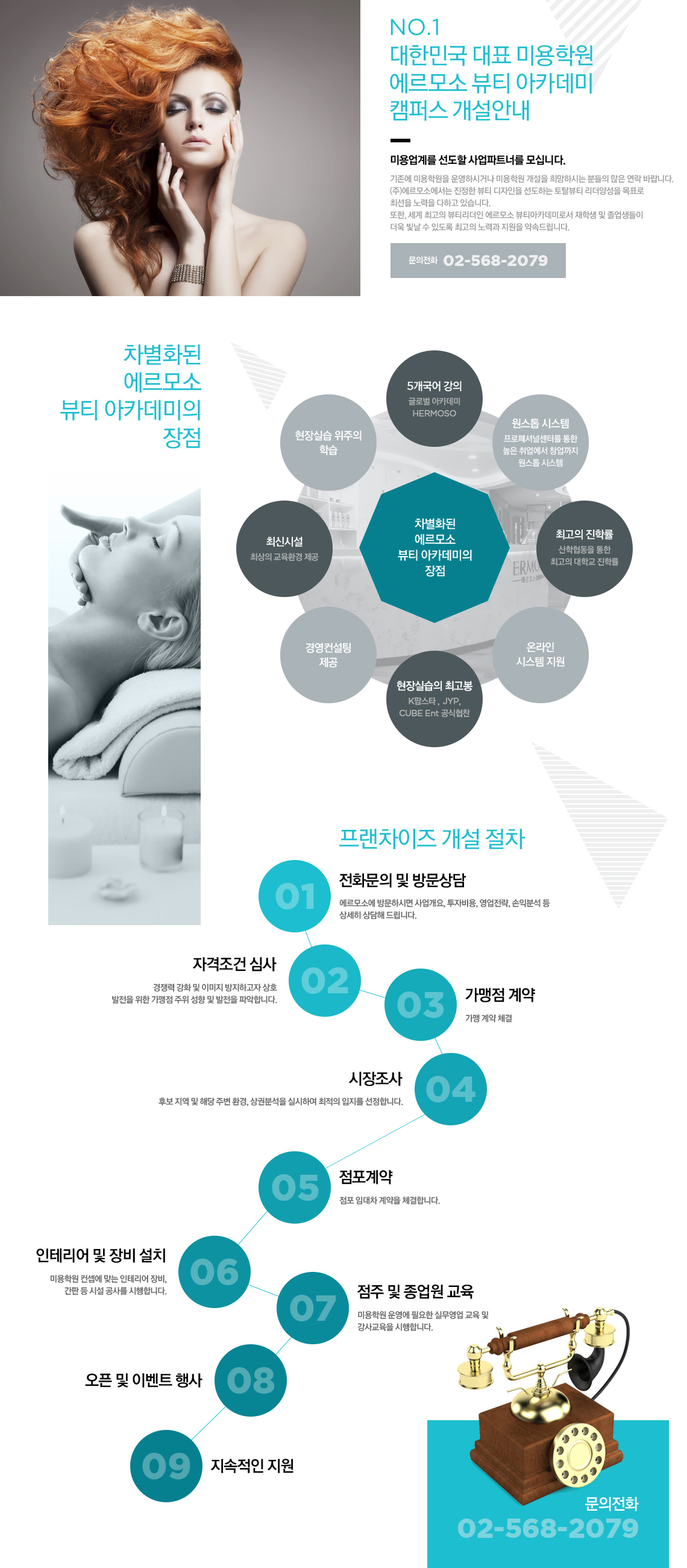 NO.1 대한민국 대표 미용학원 에르모소 뷰티 아카데미 캠퍼스 개설안내 미용업계를 선도할 사업파트너를 모십니다. 기존에 미용학원을 운영하시거나 미용학원 개설을 희망하시는 분들의 많은 연락 바랍니다. (주)에르모소에서는 진정한 뷰티 디자인을 선도하는 토탈뷰티 리더양성을 목표로  최선을 노력을 다하고 있습니다. 또한, 세계 최고의 뷰티리더인 에르모소 뷰티아카데미로서 재학생 및 졸업생들이  더욱 빛날 수 있도록 최고의 노력과 지원을 약속드립니다. 차별화된 에르모소 뷰티 아카데미의 장점 - 5개국어 강의 글로벌 아카데미 Hermoso, 원스톱 시스템 프로페셔널센터를 통한 높은 취업에서 창업까지 원스톱 시스템, 최고의 진학률
산학협동을 통한 최고의 대학교 진학률, 온라인 시스템 지원, 현장실습의 최고봉 K팝 스타 ,  jyp, CUBE Ent 공식협찬, 경영컨설팅 제공, 최신시설 최상의 교육환경 제공, 현장실습 위주의 학습 
프랜차이즈 개설 절차 - 01 전화문의 및 방문상담 : 에르모소에 방문하시면 사업개요, 투자비용, 영업전략, 손익분석 등 상세히 상담해 드립니다. 02 자격조건 심사 : 경쟁력 강화 및 이미지 방지하고자 상호
발전을 위한 가맹점 주위 성향 및 발전을 파악합니다. 03 가맹점 계약 가맹 : 가맹 계약 체결 04 시장조사 : 후보 지역 및 해당 주변 환경, 상권분석을 실시하여 최적의 입지를 선정합니다. 05 점포계약 : 점포 임대차 계약을 체결 합니다. 06 인테리어 및 장비 설치 : 미용학원 컨셉에 맞는 인테리어 장비, 간판 등 시설 공사를 시행합니다. 07 점주 및 종업원 교육 : 미용학원 운영에 필요한 실무영업 교육 및 강사 교육을 시행합니다. 08 오픈 및 이벤트 행사 09 지속적인 지원
 문의전화 : 02-568-2079